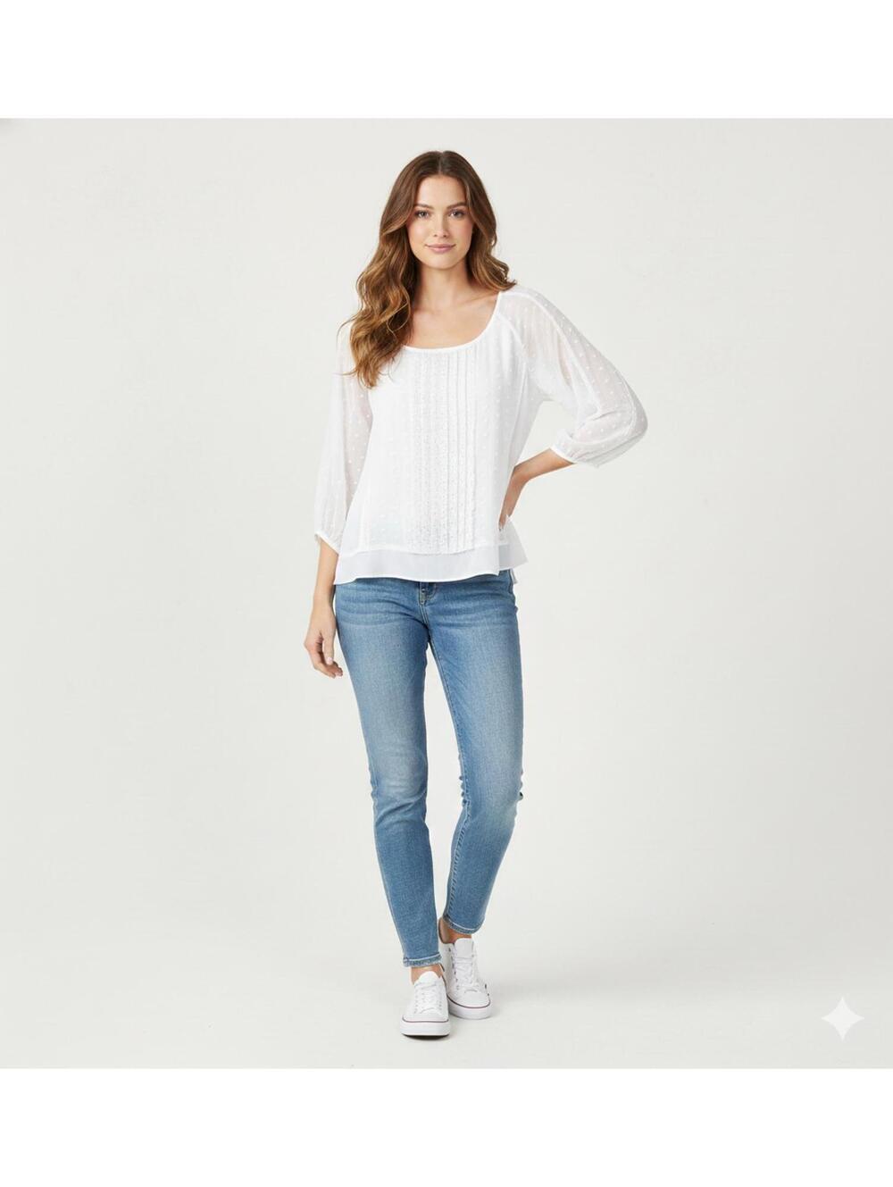 American Eagle - White Eyelet & Swiss Dot Sheer Sleeve Blouse - M